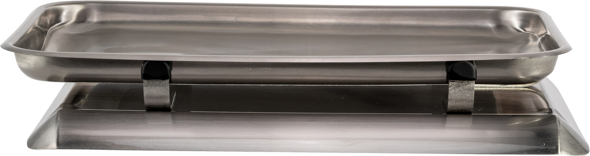 A rectangular, shallow stainless steel fish pan is supported by two metal braces over a flat, matching rectangular base. The tray has slightly raised, rounded edges and a smooth, reflective finish, shown from the side against a plain background.