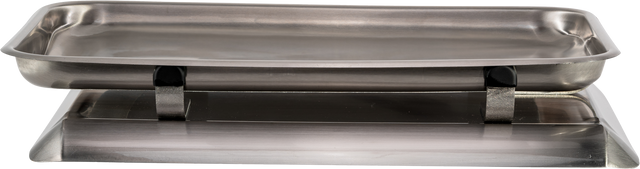 A rectangular, shallow stainless steel fish pan is supported by two metal braces over a flat, matching rectangular base. The tray has slightly raised, rounded edges and a smooth, reflective finish, shown from the side against a plain background.