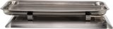 A rectangular, metallic weigh platter with raised edges is held above a matching metal base by two short supports. The tray and base both have a smooth, reflective finish. The overall appearance is clean and utilitarian.