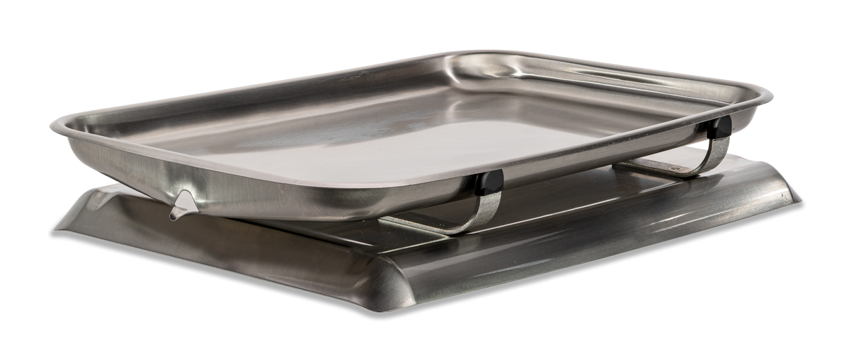 A rectangular stainless steel chafing dish, similar to a fish pan, with a deep tray set on a matching base to keep food warm; slightly rounded edges and a small spout for pouring, all finished in shiny metallic style.