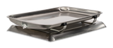 A rectangular stainless steel chafing dish, similar to a fish pan, with a deep tray set on a matching base to keep food warm; slightly rounded edges and a small spout for pouring, all finished in shiny metallic style.
