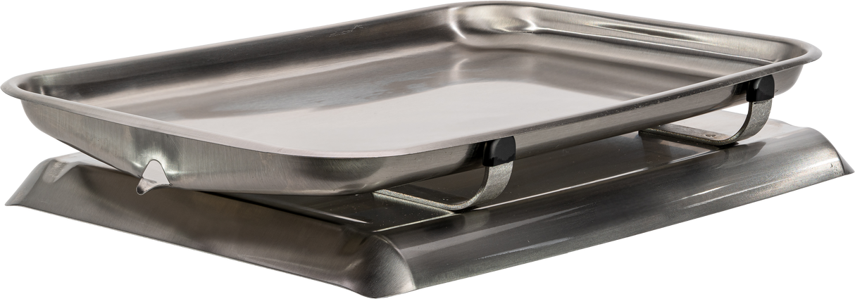 A rectangular stainless steel chafing dish, similar to a fish pan, sits atop a matching stand. The dish has smooth, rounded edges and is held above the stand by two black brackets, designed to keep food warm for serving.