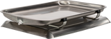 A rectangular stainless steel chafing dish, similar to a fish pan, sits atop a matching stand. The dish has smooth, rounded edges and is held above the stand by two black brackets, designed to keep food warm for serving.