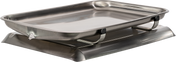 A rectangular stainless steel chafing dish, similar to a fish pan, sits atop a matching stand. The dish has smooth, rounded edges and is held above the stand by two black brackets, designed to keep food warm for serving.