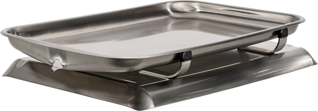 A rectangular stainless steel chafing dish, similar to a fish pan, sits atop a matching stand. The dish has smooth, rounded edges and is held above the stand by two black brackets, designed to keep food warm for serving.