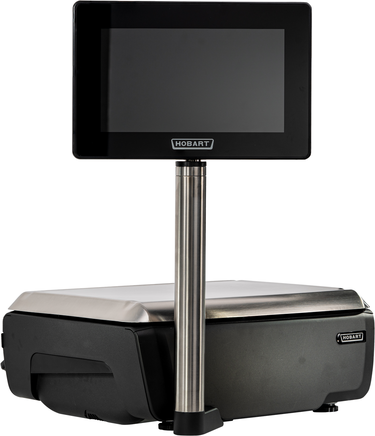 A digital retail GTI Scale/Printer with a stainless steel weighing platform, black base, and vertical pole supporting an elevated customer display touchscreen labeled Hobart. The NTEP-certified display is positioned above the scale, facing the user. Background is plain white.