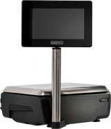 A digital retail GTI Scale/Printer with a stainless steel weighing platform, black base, and vertical pole supporting an elevated customer display touchscreen labeled Hobart. The NTEP-certified display is positioned above the scale, facing the user. Background is plain white.