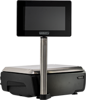A digital retail GTI Scale/Printer with a stainless steel weighing platform, black base, and vertical pole supporting an elevated customer display touchscreen labeled Hobart. The NTEP-certified display is positioned above the scale, facing the user. Background is plain white.