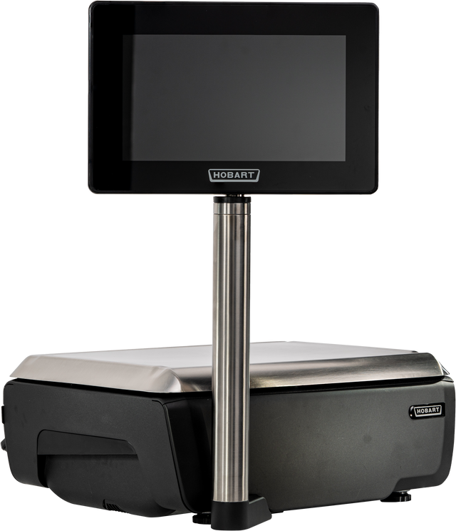 A digital retail GTI Scale/Printer with a stainless steel weighing platform, black base, and vertical pole supporting an elevated customer display touchscreen labeled Hobart. The NTEP-certified display is positioned above the scale, facing the user. Background is plain white.
