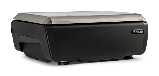 A commercial black and stainless steel kitchen appliance with the brand name Hobart GTI on the front. This NTEP-certified device is rectangular with a sloped top and rounded edges, standing on four short legs against a plain white background.