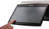 A hand with a pointing finger touches the bottom left corner of a large, black Hobart GTI touchscreen display. The background is plain white, emphasizing the interaction with this NTEP-certified GTI Scale/Printer screen.