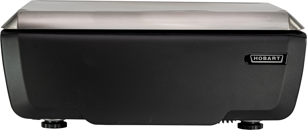 A rectangular black appliance with a shiny silver lid is shown from the front. The word HOBART is displayed on a small label on the right side. This industrial design belongs to the Hobart GTI Scale/Printer, featuring four small feet.
