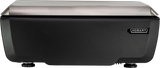 A rectangular black appliance with a shiny silver lid is shown from the front. The word HOBART is displayed on a small label on the right side. This industrial design belongs to the Hobart GTI Scale/Printer, featuring four small feet.