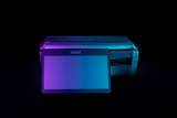 A flat computer monitor with a blank, gradient screen in blue and purple shades is positioned in front of a Hobart GTIP-DB, an NTEP-certified printer, both set against a dark background with blue and purple lighting highlighting their surfaces.