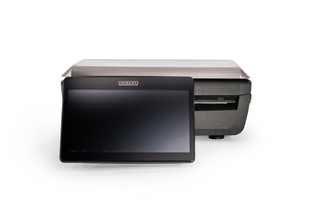 A black rectangular touchscreen monitor labeled Hobart GTIP-DB is positioned in front of a black electronic device with a silver top, possibly an NTEP-certified kitchen scale or GTI Printer, against a white background. The screen is turned off.