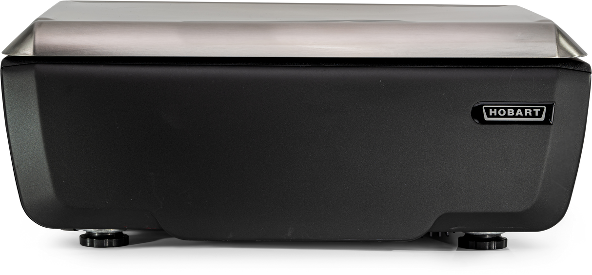 A black Hobart commercial kitchen appliance with a metallic lid and smooth, rectangular shape. The GTI Scale/Printer operator display is visible on the right side above the Hobart logo. It stands on four small adjustable feet.