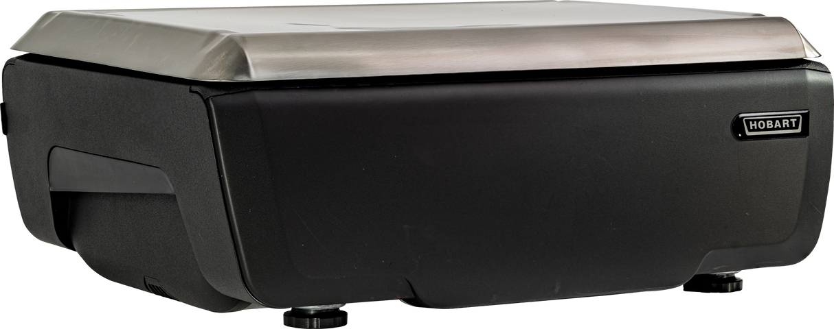 A black and stainless steel commercial food processor with a rectangular shape, labeled Hobart on the front, is shown on a white background. The machine features sturdy legs, a handle on the side, and an easy-to-read operator display.