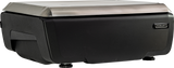 A black and stainless steel commercial food processor with a rectangular shape, labeled Hobart on the front, is shown on a white background. The machine features sturdy legs, a handle on the side, and an easy-to-read operator display.