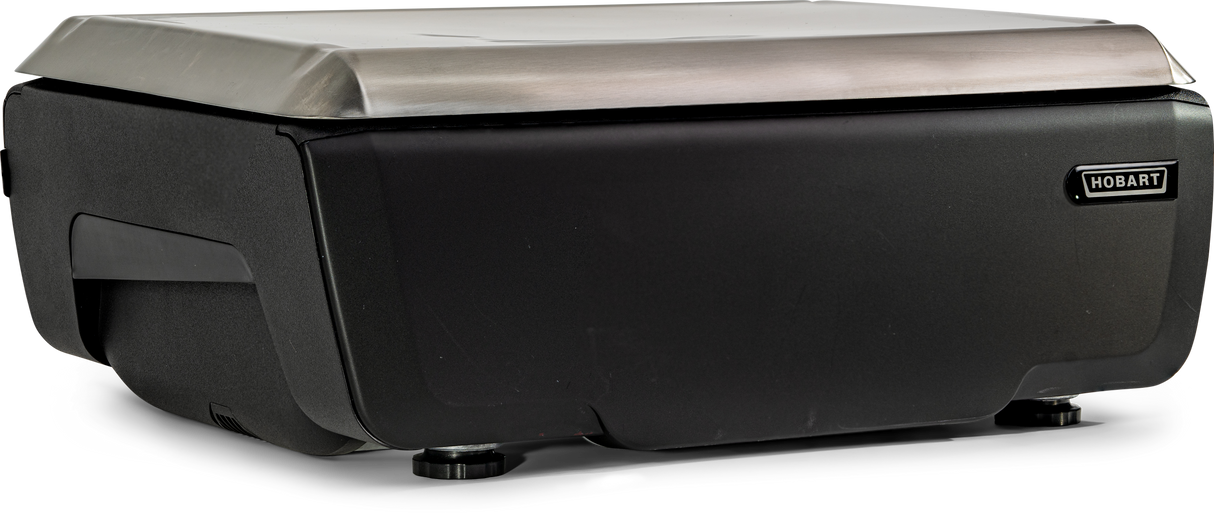 A black and silver rectangular Hobart GTI Scale/Printer with a metal lid, slightly raised feet, and a side handle. The Hobart logo is displayed on the front right side. An operator display is integrated into the design. The appliance sits on a white background.