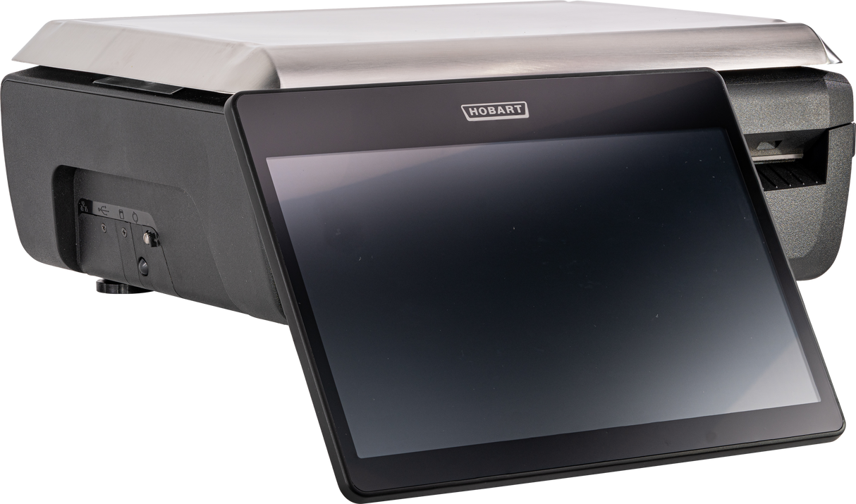 A modern Hobart operator display with a large touchscreen angled forward, attached to a rectangular black base. The device features visible ports and buttons on the side, a flat silver top panel, and is compatible with the GTI Scale/Printer.