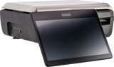 A modern Hobart operator display with a large touchscreen angled forward, attached to a rectangular black base. The device features visible ports and buttons on the side, a flat silver top panel, and is compatible with the GTI Scale/Printer.