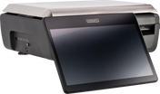 A black Hobart GTIP-DC device with a large operator display touchscreen angled forward, attached to a box-like base with a metallic lid and side buttons, possibly a POS system or scale, on a plain light background.