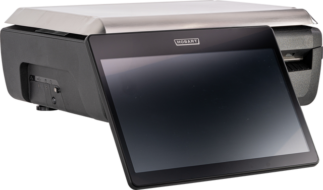 A black Hobart GTIP-DC device with a large operator display touchscreen angled forward, attached to a box-like base with a metallic lid and side buttons, possibly a POS system or scale, on a plain light background.