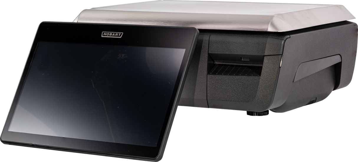 A black and gray Hobart GTIP-DC device features a large operator display tilted forward and a boxy main unit behind it, resembling a point-of-sale system or industrial GTI printer, with a metallic top cover and angular design elements.