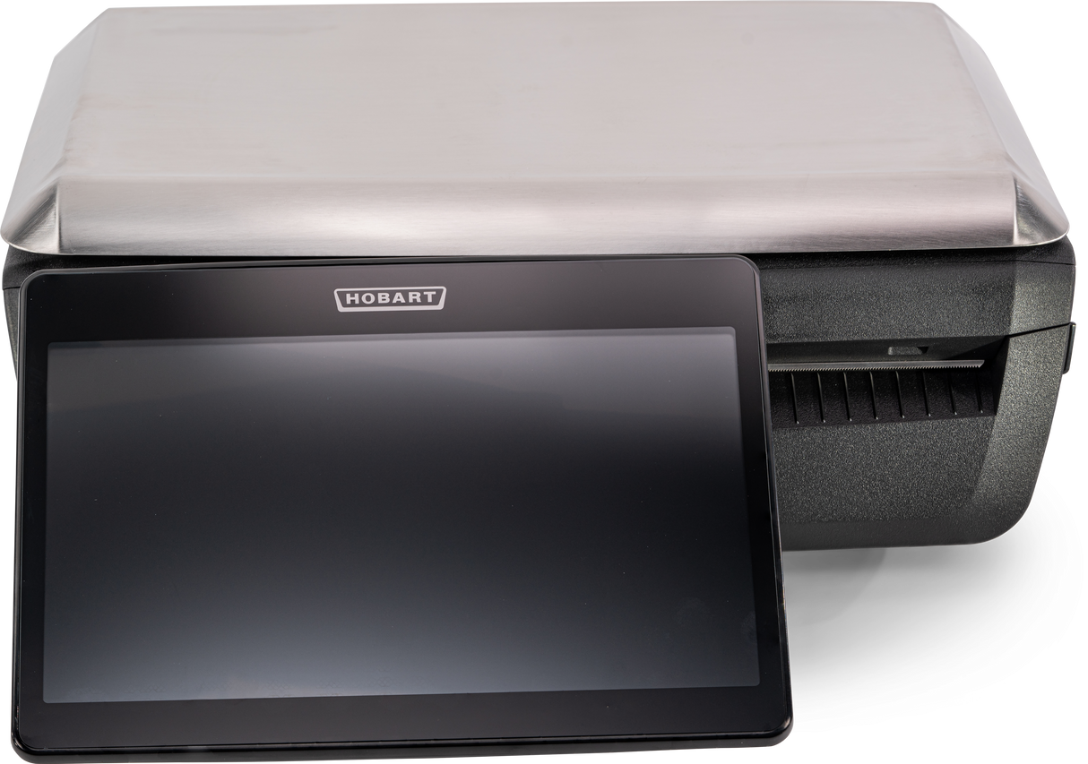 A large, rectangular stainless steel device with a dark screen labeled Hobart GTIP-DC on the front. The device features a tablet-like operator display in front, partially covering its sleek and modern panel.