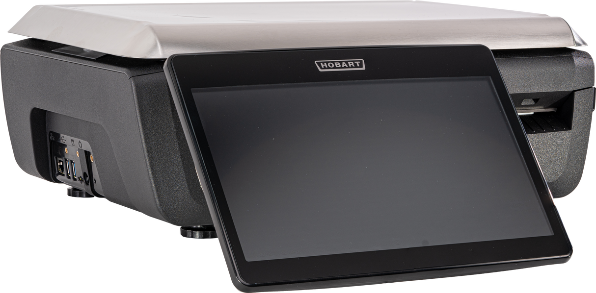 A touchscreen operator display labeled HOBART leans against a dark-colored GTI Scale/Printer with a metallic top. Ports and connectors are visible on the side, and the NTEP-certified screen is off and reflective.