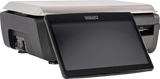 A touchscreen operator display labeled HOBART leans against a dark-colored GTI Scale/Printer with a metallic top. Ports and connectors are visible on the side, and the NTEP-certified screen is off and reflective.