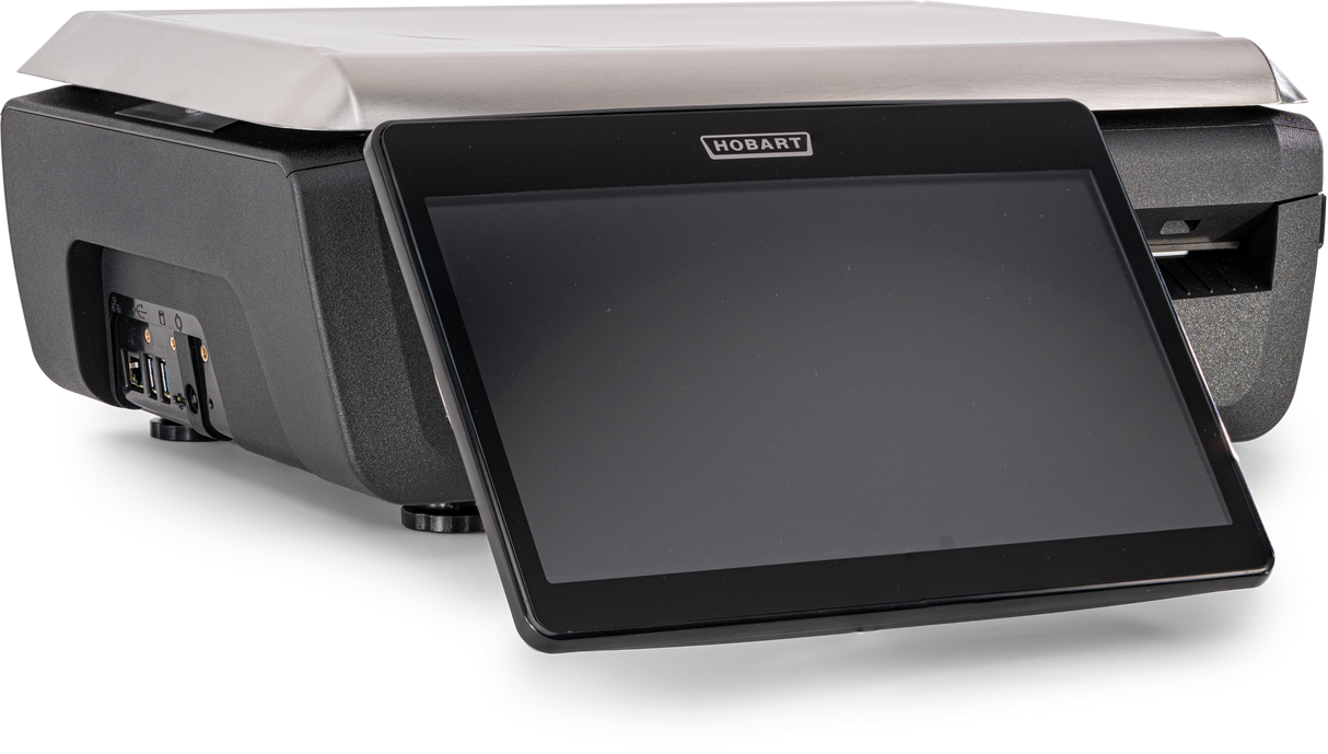 A black Hobart device with a large, tilted operator display in front and a rectangular base featuring various ports and buttons on the left side. The device appears to be a point-of-sale or GTI Scale/Printer industrial terminal.