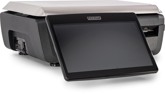 A black Hobart device with a large, tilted operator display in front and a rectangular base featuring various ports and buttons on the left side. The device appears to be a point-of-sale or GTI Scale/Printer industrial terminal.