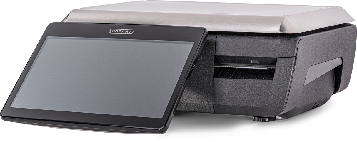 A black Hobart GTI Scale/Printer features a large operator display touchscreen on the front, attached to a compact printer unit with a stainless steel top and slot for printed labels or receipts, ideal for commercial point-of-sale use.