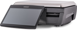 A black Hobart GTI Scale/Printer features a large operator display touchscreen on the front, attached to a compact printer unit with a stainless steel top and slot for printed labels or receipts, ideal for commercial point-of-sale use.