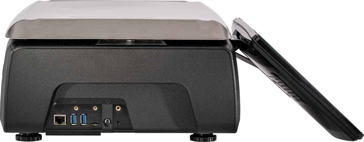 A black, rectangular Hobart electronic device viewed from the back with ports for Ethernet, USB, HDMI, and audio jacks. The top lid is metallic; the right side tray is partially open. Suitable for operator display on a GTI Scale/Printer system.