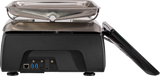 A close-up rear view of a Hobart digital weighing scale with a stainless steel weighing tray, various ports including USB and Ethernet, and an operator display touchscreen attached to the right side of the device.
