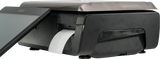 A close-up of a black GTS Printer with a touchscreen panel and receipt printer. The device features a metal top, runs on a Linux operating system, and prints a white receipt from the side slot while sitting on four small feet.