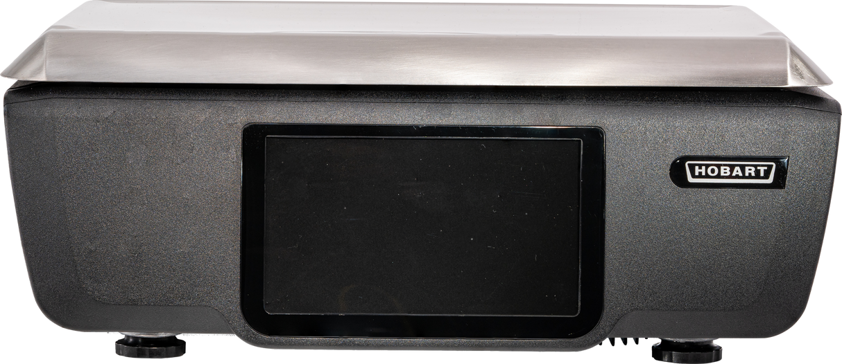 A front view of the Hobart GTS-7DA commercial kitchen appliance with a customer display, touchscreen, stainless steel top, and a black-and-white “Hobart” label, designed for efficient food processing tasks.