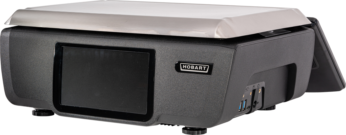 A black Hobart NTEP electronic device with a large touchscreen, a raised metallic top, and various ports on the side, including USB. Compact and rectangular, this GTS Scale/Printer sits on four feet against a plain white background.