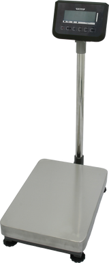 A bench receiving scale with a 300 lb capacity, featuring a large stainless steel weighing surface, four rubber feet, and a vertical stand with a digital display and control buttons. The background is plain and light-colored.