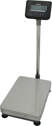 A bench receiving scale with a 300 lb capacity, featuring a large stainless steel weighing surface, four rubber feet, and a vertical stand with a digital display and control buttons. The background is plain and light-colored.