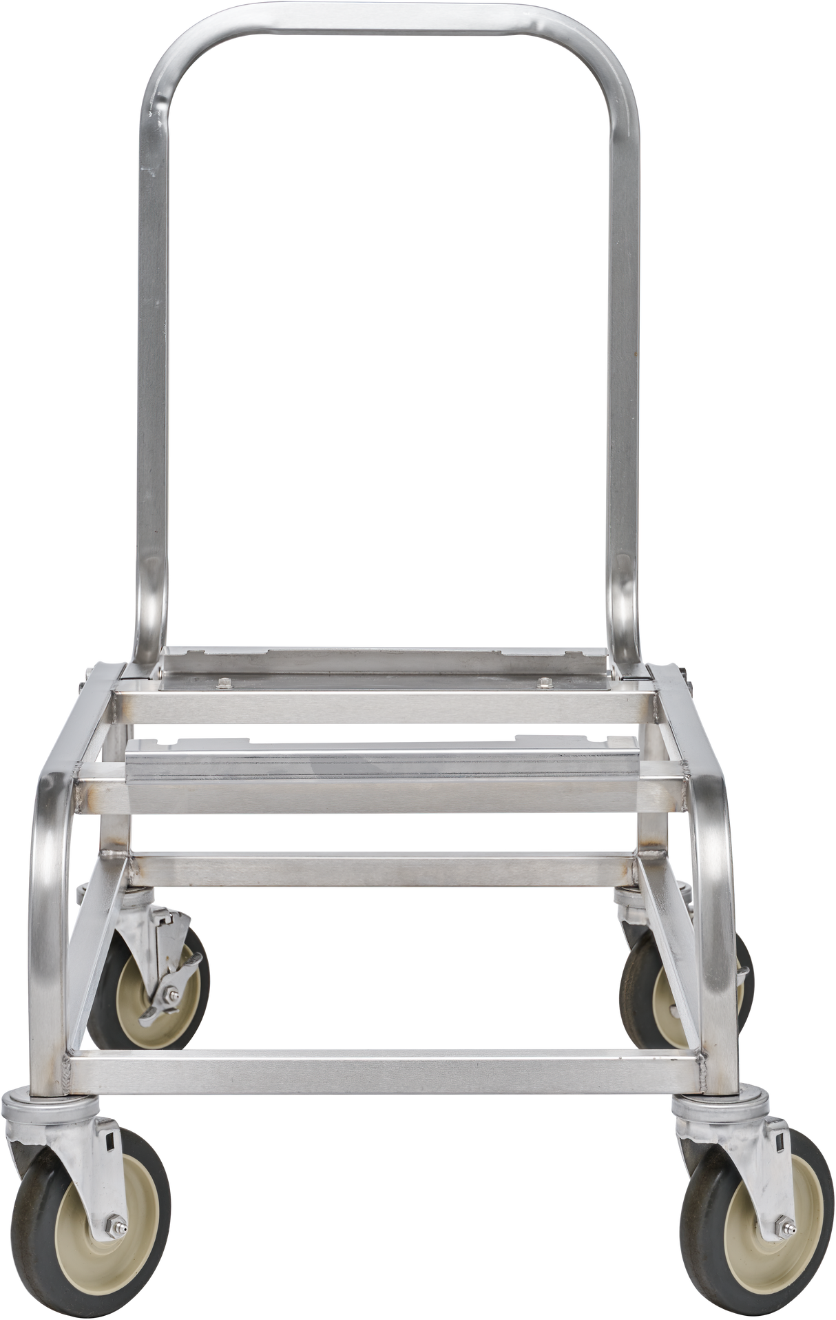A moveable cart with four swivel caster wheels and a tall, rounded handle. The open-frame design is ideal for transporting heavy or bulky items. The image highlights the Hobart HBR302-1 scale’s sturdy, industrial construction from the front view.