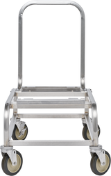 A moveable cart with four swivel caster wheels and a tall, rounded handle. The open-frame design is ideal for transporting heavy or bulky items. The image highlights the Hobart HBR302-1 scale’s sturdy, industrial construction from the front view.