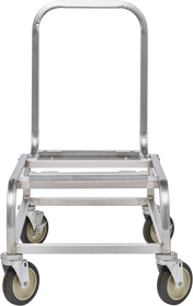 A moveable cart with four swivel caster wheels and a tall, rounded handle. The open-frame design is ideal for transporting heavy or bulky items. The image highlights the Hobart HBR302-1 scale’s sturdy, industrial construction from the front view.