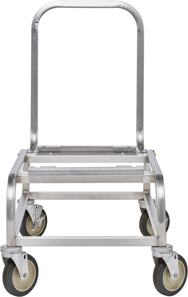A moveable cart with four swivel caster wheels and a tall, rounded handle. The open-frame design is ideal for transporting heavy or bulky items. The image highlights the Hobart HBR302-1 scale’s sturdy, industrial construction from the front view.
