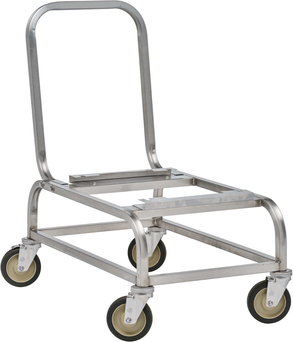 A moveable cart with a tall, curved handle and four swivel caster wheels. The industrial design features silver metal and cream-colored wheel centers, perfect for carrying heavy objects—ideal for Hobart kitchens or HBR302-1 scale applications.