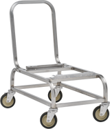 A moveable cart with a tall, curved handle and four swivel caster wheels. The industrial design features silver metal and cream-colored wheel centers, perfect for carrying heavy objects—ideal for Hobart kitchens or HBR302-1 scale applications.