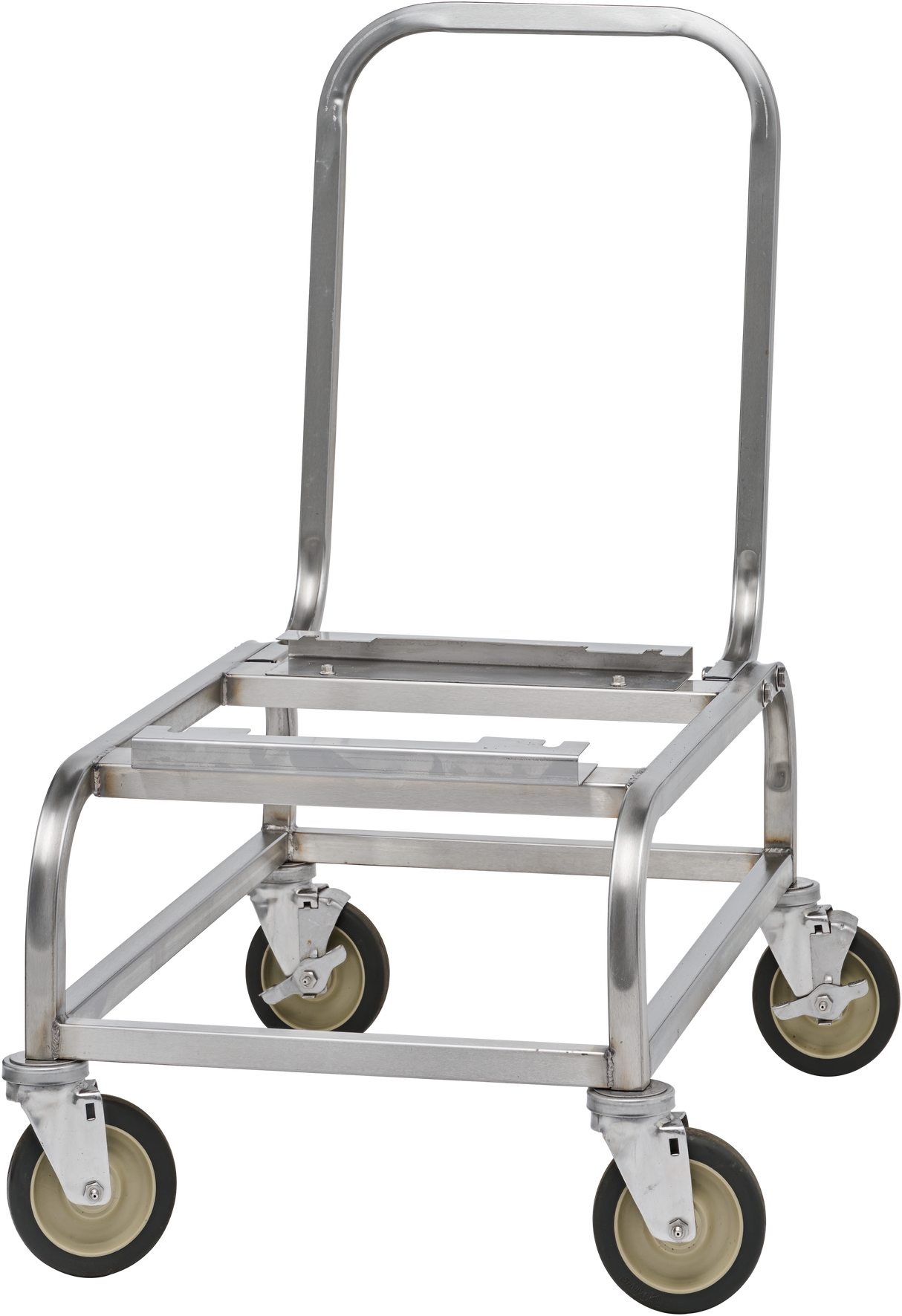 A Hobart moveable cart with a rectangular metal frame, four swivel casters with black and white wheels, and a curved handle. Designed to carry heavy objects or containers, this HBR302-1 scale cart is set against a plain white background.
