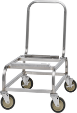 A Hobart moveable cart with a rectangular metal frame, four swivel casters with black and white wheels, and a curved handle. Designed to carry heavy objects or containers, this HBR302-1 scale cart is set against a plain white background.